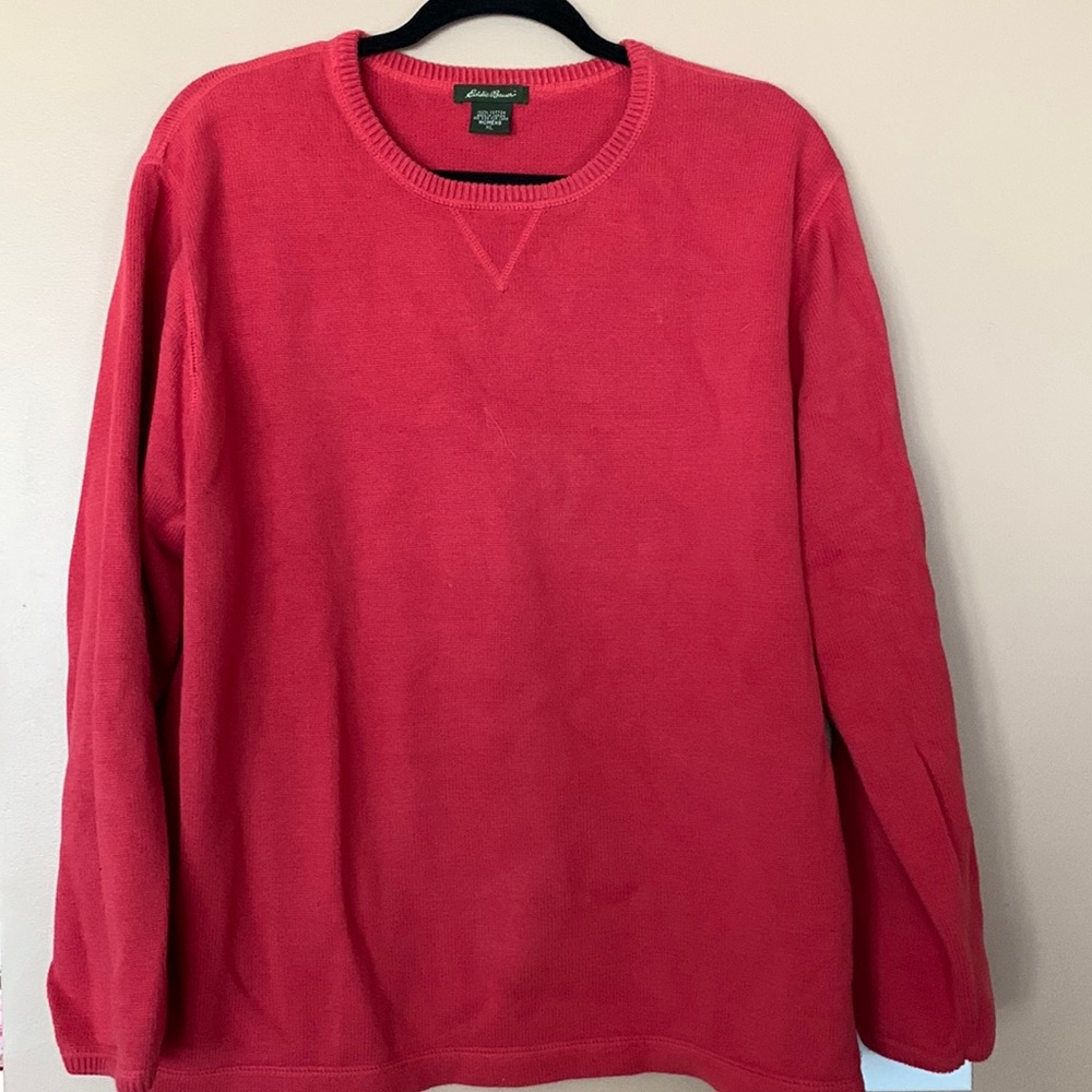 Eddie Bauer women's sweater. Dark coral colored.  Crew neck with slots on sides.